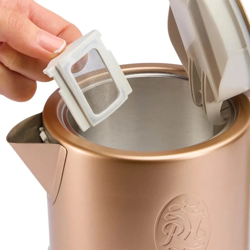 Russell Hobbs Calm Kettle 27450-70, 2400W, 1,7 l, 40-100°C, Fierbere silențioasă, butoane tactile, alerte sonore, 6 culori schimbătoare, Protect, fără BPA și PFAS, alb/dorat