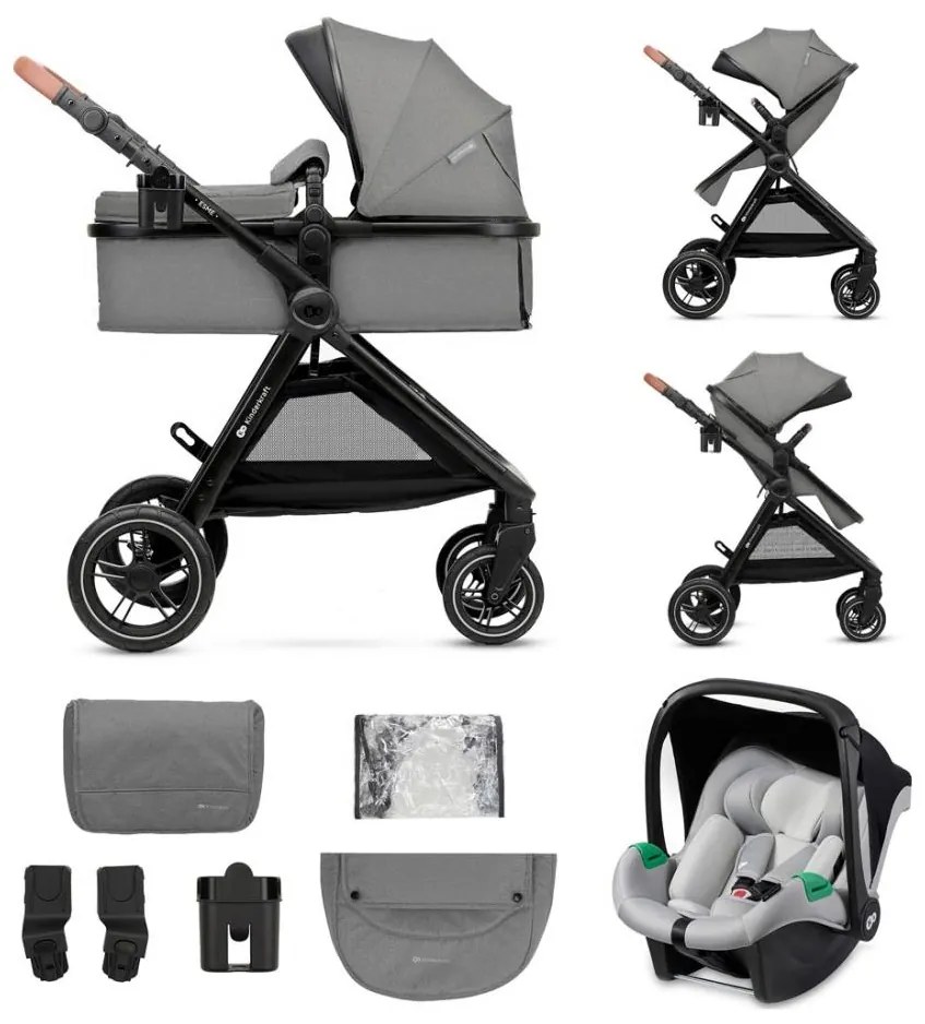 Cărucior de copii combinat 3 în 1 KINDERKRAFT ESME Moonlight grey + scaun auto MINK PRO
