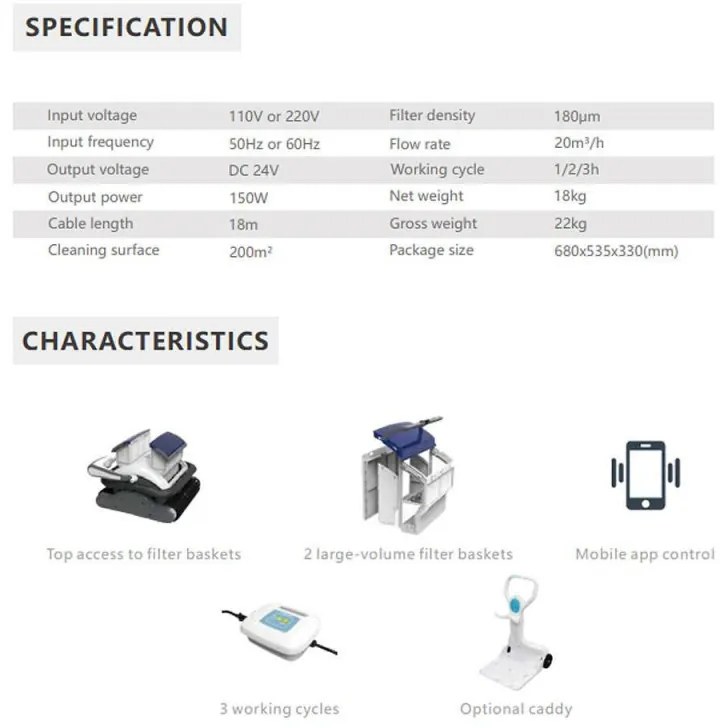 Robot de curatare piscine Wybot Raptor Pro, 150W, Pentru pana la 200 m2, 3 moduri de curatare, 3 moduri de miscare, Motor triplu, Negru