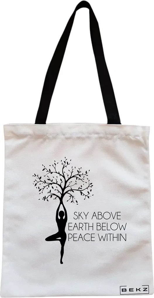 Sacosa de Panza pentru Cumparaturi, Geanta Tote, Yoga Sky above earth peace within, Cu fermoar, 38x34.5 cm, Alba, BEKZ®