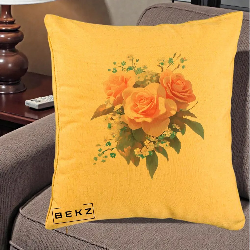 Perna Decorativa Trandafiri Roz cu Floricele Albastre, 40x40 cm, Galben, Husa Detasabila, Perna Inclusa, BEKZ®