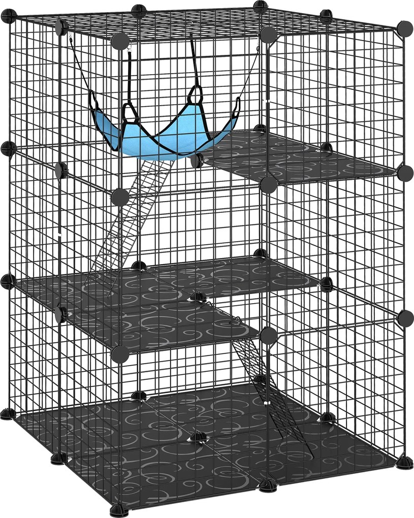 PawHut Cușcă pentru Pisici 105 cm de Interior, Recinto din Oțel cu 3 Uși, Design Personalizabil DIY pentru Pisoi, Spațiu pe 3 Niveluri cu Scări, Hamac și Platformă, Negru | Aosom Romania