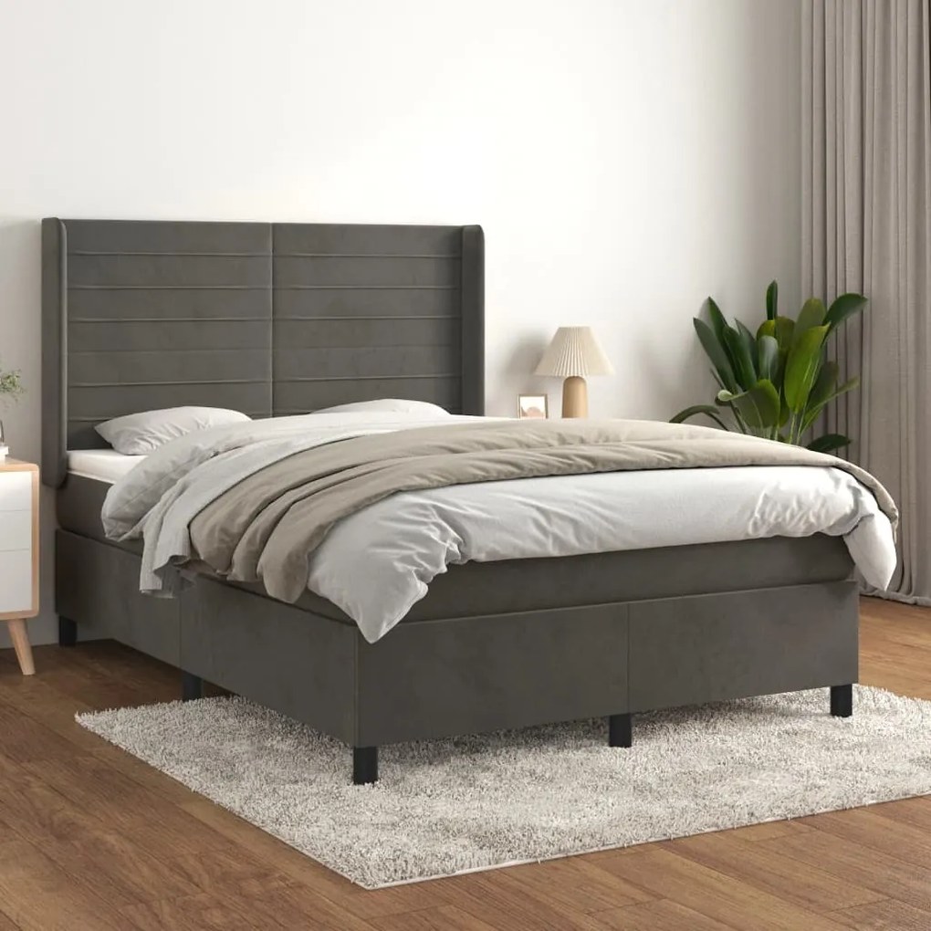 Pat box spring cu saltea, gri inchis, 140x200 cm, catifea Morke gra, 140 x 200 cm, Benzi orizontale