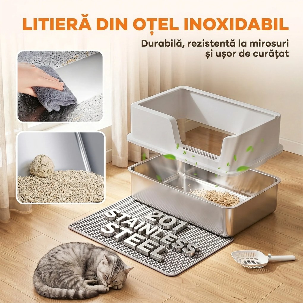 PawHut Litieră pentru Pisici xl cu Covoraș, Tavă din Oțel Inoxidabil, Lopățică, Perie, Până la 8 Kg, Gri Deschis | Aosom Romania