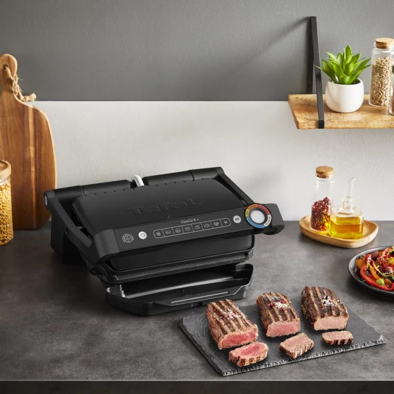 Gratar electric Tefal OptiGrill+ GC717810, 2000W, 6 programe, Acoperire antiaderenta Teflon, Ecran tactil, Smart grill, Max 240C, Negru