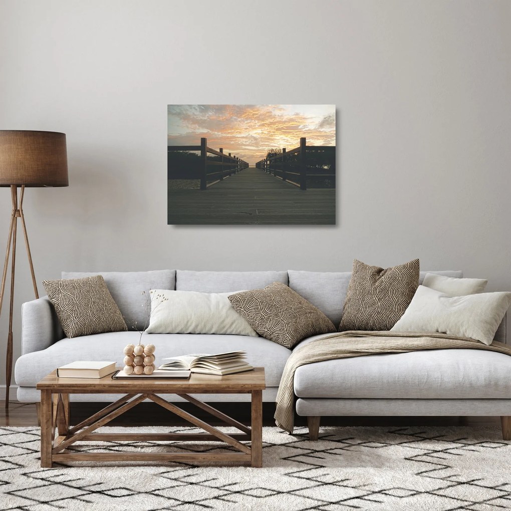 Tablou pe sticlă - Ponton de lemn, lac (70x50 cm)