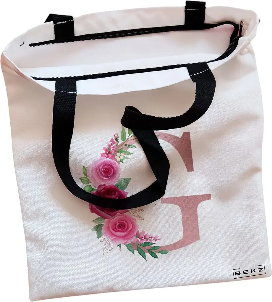 Sacosa de Panza pentru Cumparaturi, Geanta Tote, Cu litera G Rose Gold si Trandafiri, Cu fermoar, 38x34.5 cm, Alba, BEKZ®