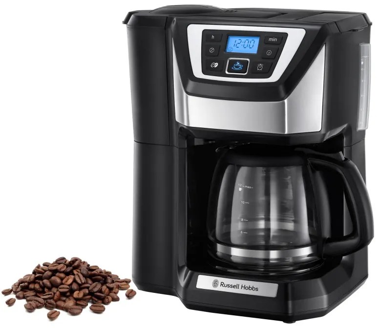 Cafetiera Russell Hobbs Victory Grind & Brew 22000-56, 1025W, 1,5 L, 250 g, 12 cesti, Timer, Filtru incorporat, Negru/inox