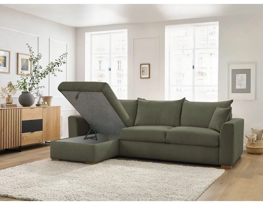 Colțar verde extensibil cu tapițerie din catifea reiată (cu colț variabil) Augustin – Bobochic Paris