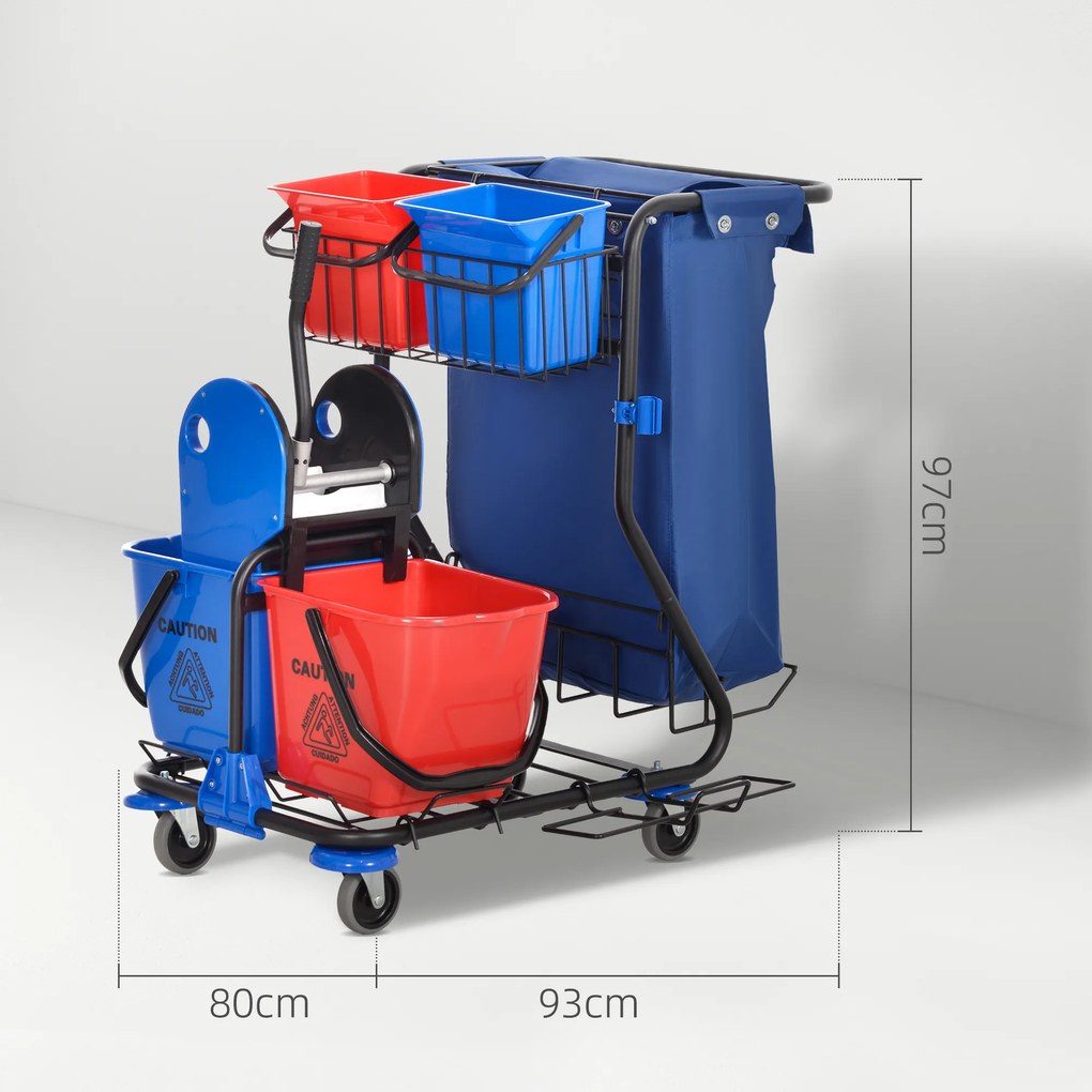 HOMCOM Cărucior pentru Curățenie cu Sac pentru Gunoi, 2 Găleți de 18L, 2 Găleți de 6L și Storcător, 93x80x97 cm, Roșu | Aosom Romania