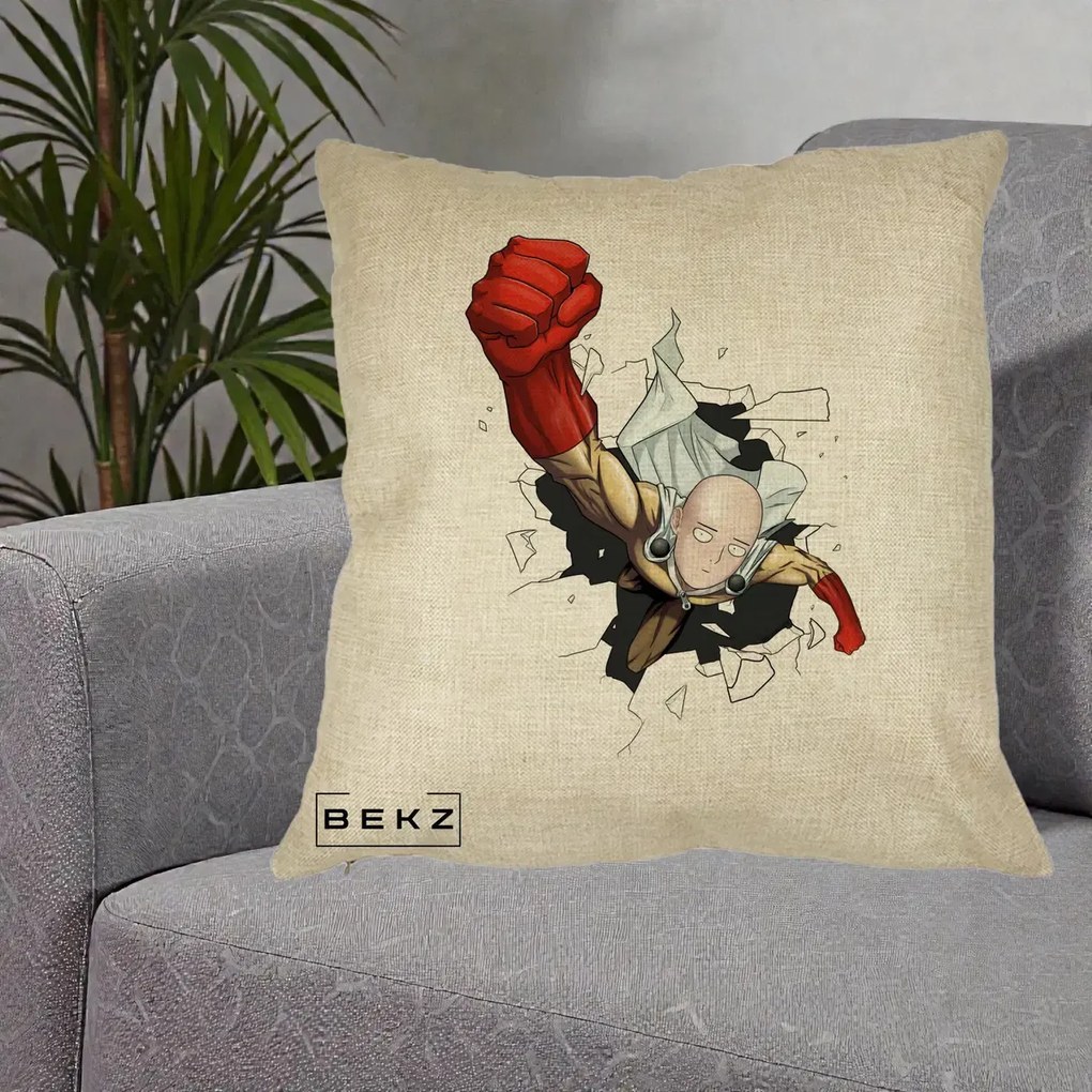 Perna Personalizata One Punch Man Saitama Pumn, 40x40 cm, Crem, Husa Detasabila, Perna Inclusa, BEKZ®