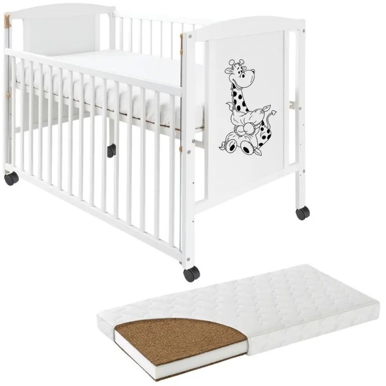 Patut din lemn masiv 120x60 cm Bria alb cu laterala culisanta si roti, saltea cocos LUX 120x60x9 cm inclusa, reglabil pe 3 nivele, certificat EN71