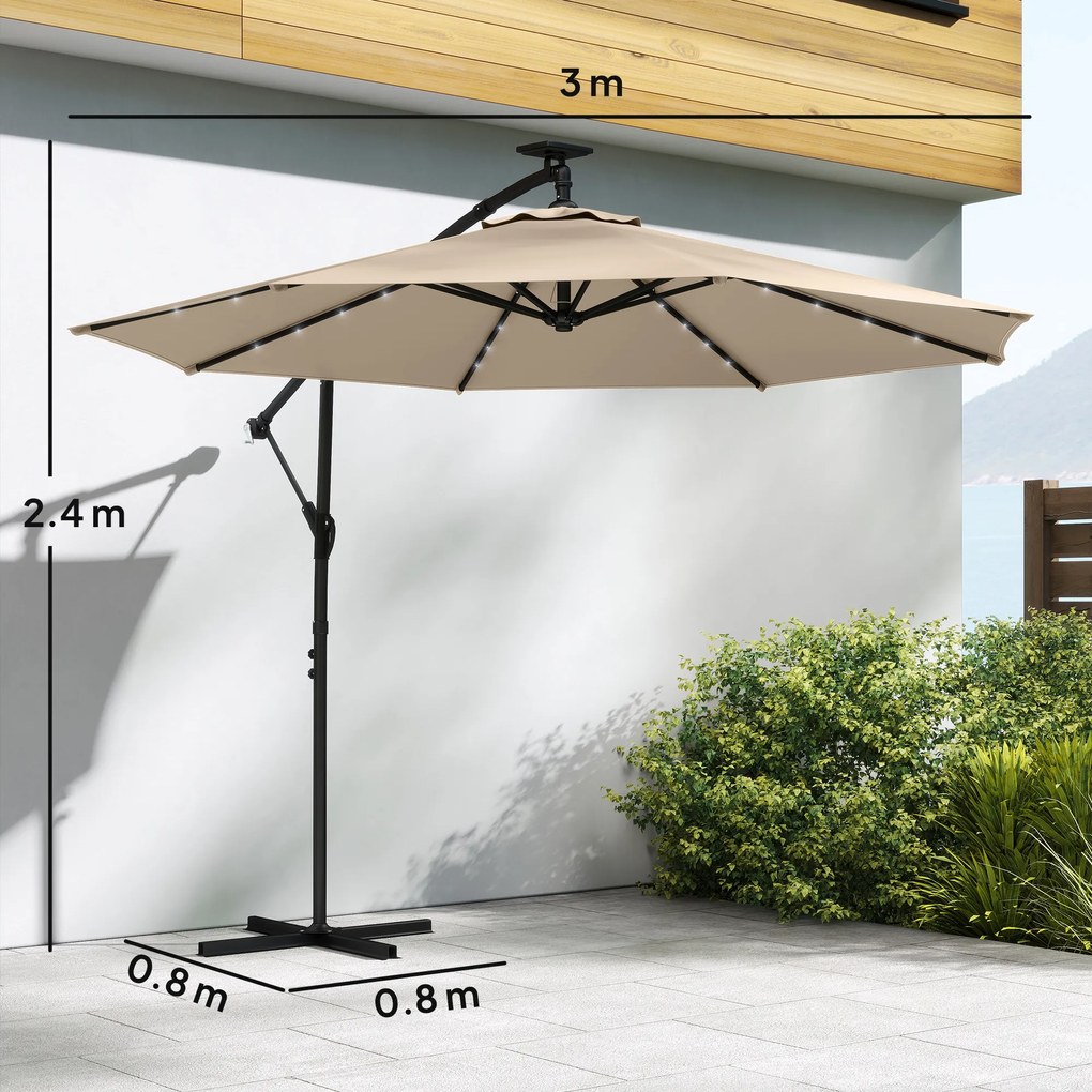 Outsunny Umbrelă cu braț lateral LED Solar cca. Ø300 cm Rotativă Umbrelă cu manivelă Suport Husă de protecție Bej | Aosom Romania