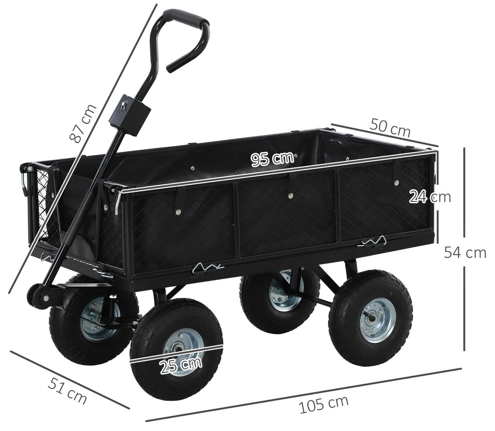 Outsunny Cărucior de Grădină de 114L cu Pereți Laterali Detașabili și Mâner Rotativ, 105x51x54 cm, Negru | Aosom Romania