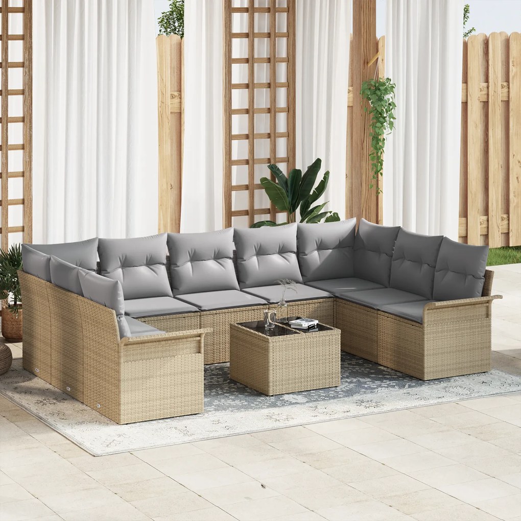 vidaXL Set de canapele pentru grădină cu pernă 10 pcs Bej Rattan poli