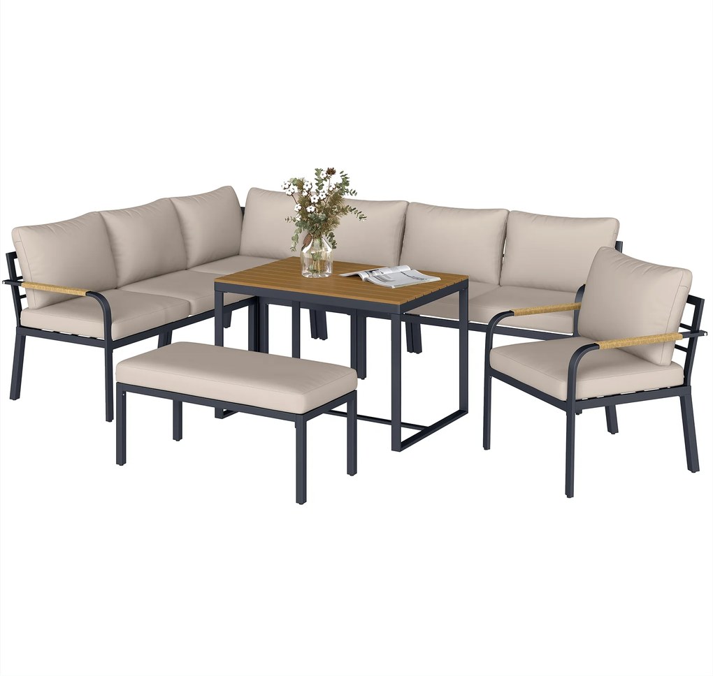 Outsunny Set mobilier grădină 7 piese Colțar modular exterior cu masă WPC și pouf bej și gri | Aosom Romania