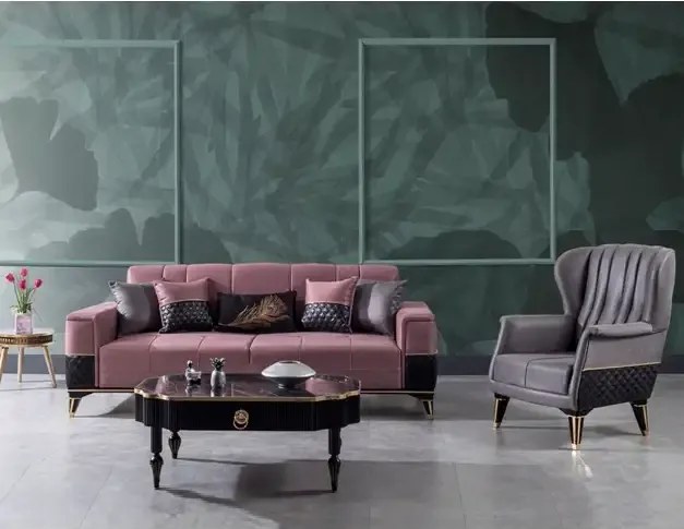 Canapea extensibila cu 3 locuri living – stofa gri, detalii aurii – Extra