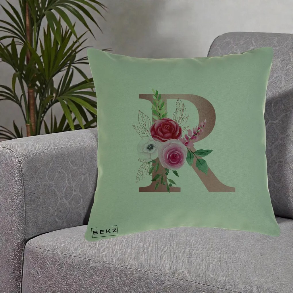 Cadou Personalizat - Perna Personalizata Monograma Rose Gold Litera R, 40x40 cm, Verde, Husa Detasabila, Perna Inclusa, BEKZ®