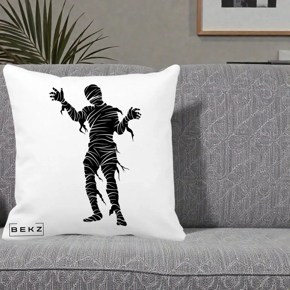 Perna Decorativa Mormii Infricosat Silueta Neagra Halloween, 40x40 cm, Alba Mata, Husa Detasabila, Perna Inclusa, BEKZ®