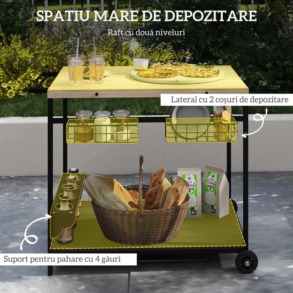 Outsunny Cărucior Bar Exterior cu Roți Mâner Lateral 2 Coșuri 4 Suporturi Vin | Aosom Romania