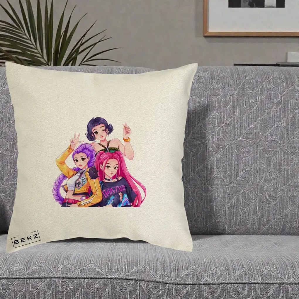 Perna Personalizata K-pop HUNTRX Trio Animat Fete Foto, 40x40 cm, Ecru, Husa Detasabila, Perna Inclusa, BEKZ®