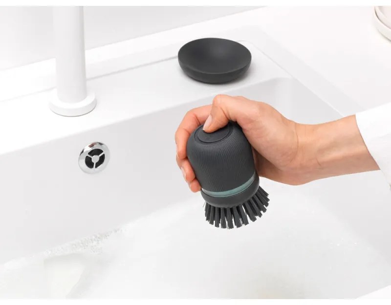 Dozator detergent de vase cu perie Brabantia Sinkside 1003317, 100 ml, Peri din poliester, Suport, Gri inchis