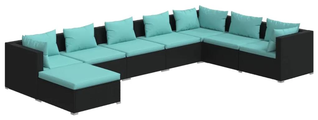 Set mobilier de gradina cu perne, 8 piese, negru, poliratan Negru si albastru, 3x colt + 4x mijloc + suport pentru picioare, 1