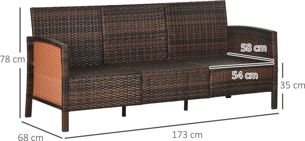 Outsunny Canapea de exterior cu 3 locuri, din ratan PE, cu perne confortabile și detașabile, 173x68x78 cm, maro | Aosom Romania