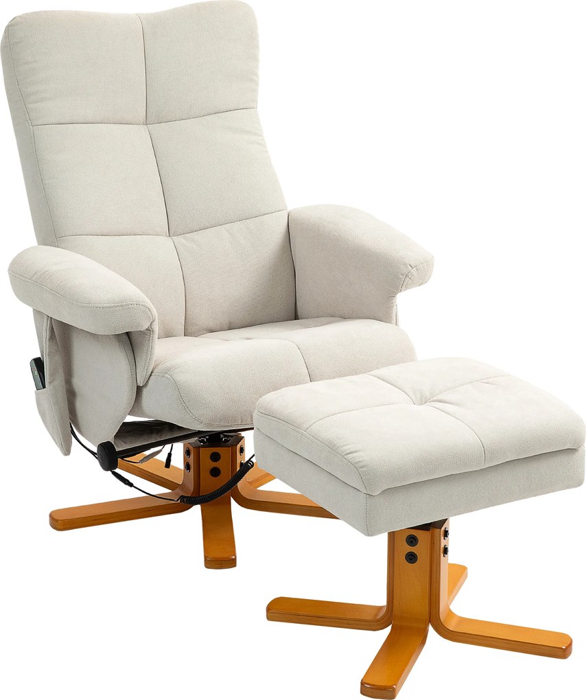 HOMCOM Fotoliu de masaj cu funcție de culcare și taburet, 145° de înclinare, Poliester, 80 x 86 x 99 cm, Crem | Aosom Romania