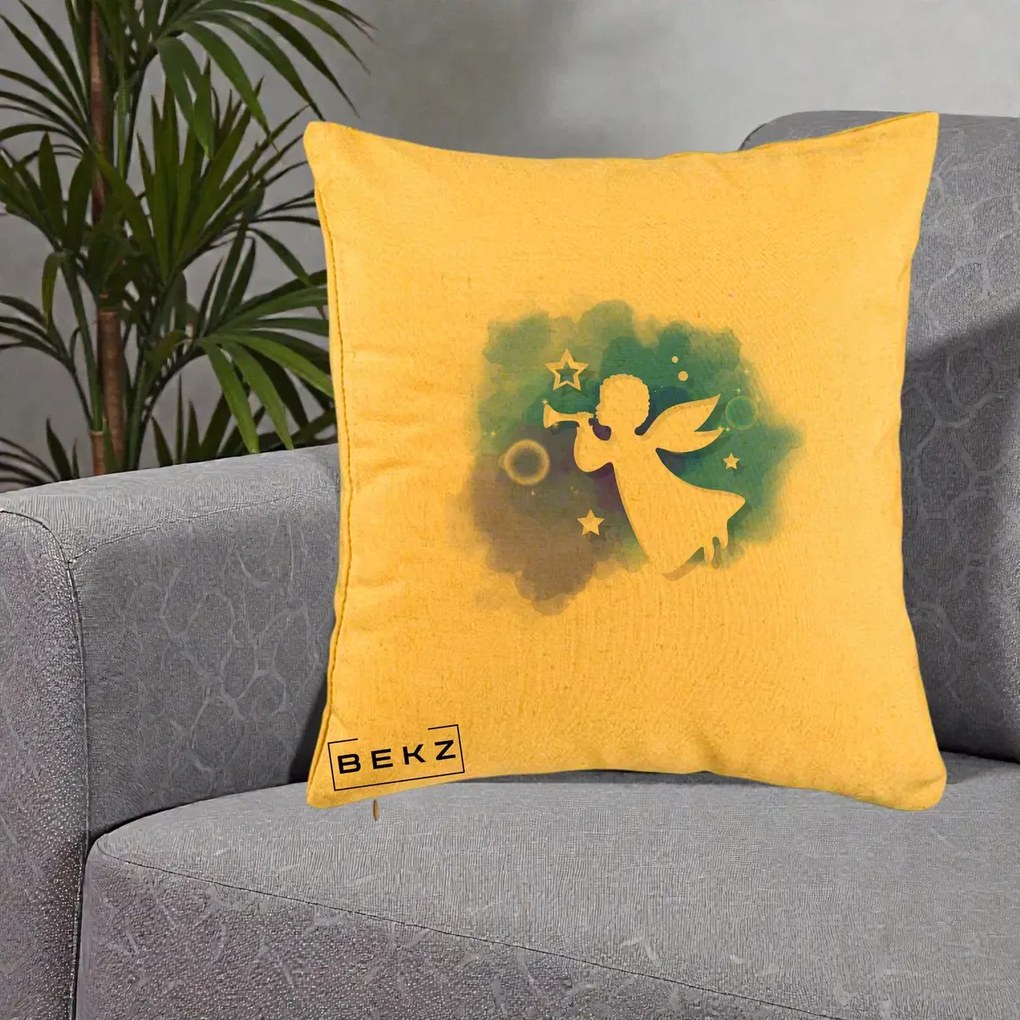 Perna Decorativa Inger cu Trompeta Albastru, 40x40 cm, Galben, Husa Detasabila, Perna Inclusa, BEKZ®