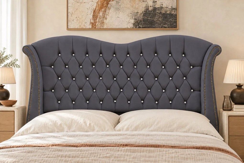 Pat tapițat Chesterfield Avella 140×200 cm, gri închis, cu ladă de depozitare