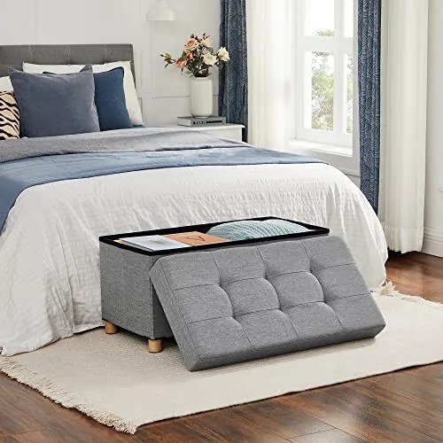 Bancheta cu spatiu depozitare, 76 x 38 x 40 cm, textil / MDF, gri, Songmics