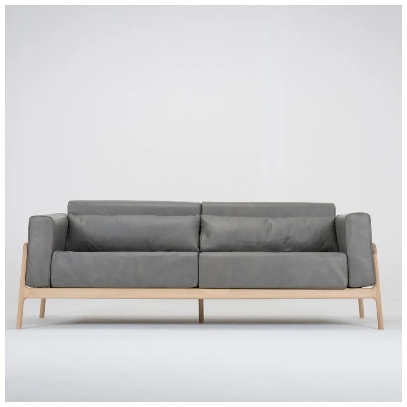 Canapea din piele bovină cu structură din lemn masiv de stejar Gazzda Fawn, 210 cm, gri închis