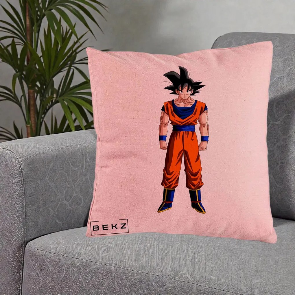 Perna Personalizata Dragon Ball Goku Complet in Gi Portocaliu, 40x40 cm, Roz, Husa Detasabila, Perna Inclusa, BEKZ®