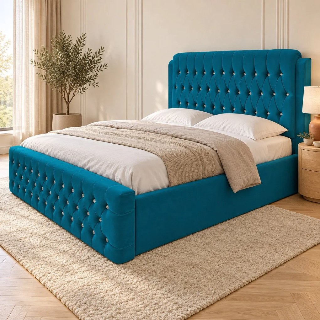 Pat tapițat Chesterfield din catifea Aveline Deluxe 140×200 cm, turcoaz, cu ladă de depozitare