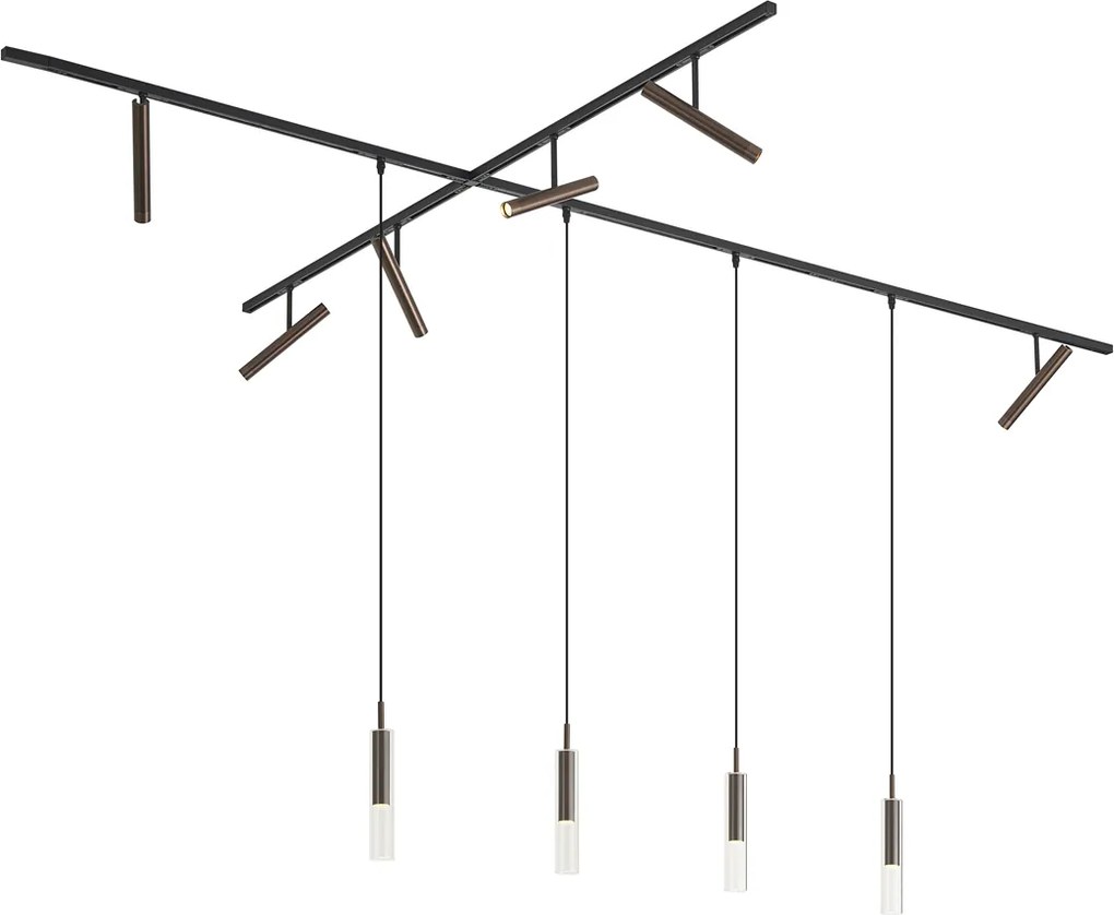 Sistem de iluminat pe șină modern negru cu 6 spoturi și 4 lumini suspendate bronz închis monofazat - Slimline Avery Loyce