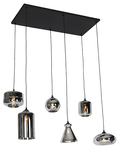 Lampă suspendată Art Deco neagră cu sticlă fumurie cu 6 lumini - Wallace