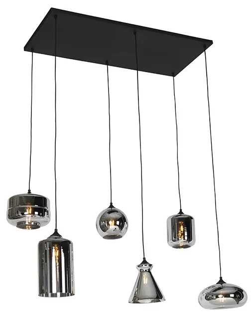 Lampă suspendată Art Deco neagră cu sticlă fumurie cu 6 lumini - Wallace