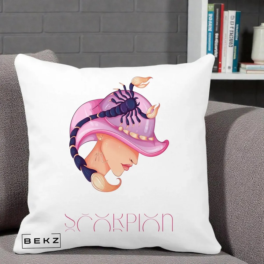 Perna Personalizata Zodiac Scorpion Cowgirl, 40x40 cm, Alba Mata, Husa Detasabila, Perna Inclusa, BEKZ®