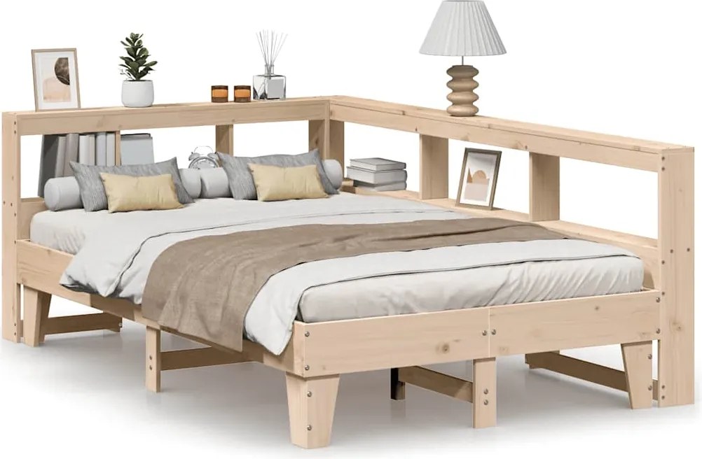 vidaXL Pat cu bibliotecă fără saltea, 135x190 cm, lemn masiv de pin