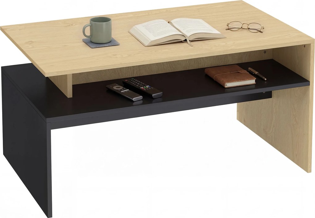 HOMCOM Masă de Cafea Modernă Bicoloră cu Niveluri Decalate și Poliță de Depozitare, 95 x 55 x 50 cm, Lemn Natural și Negru | Aosom Romania