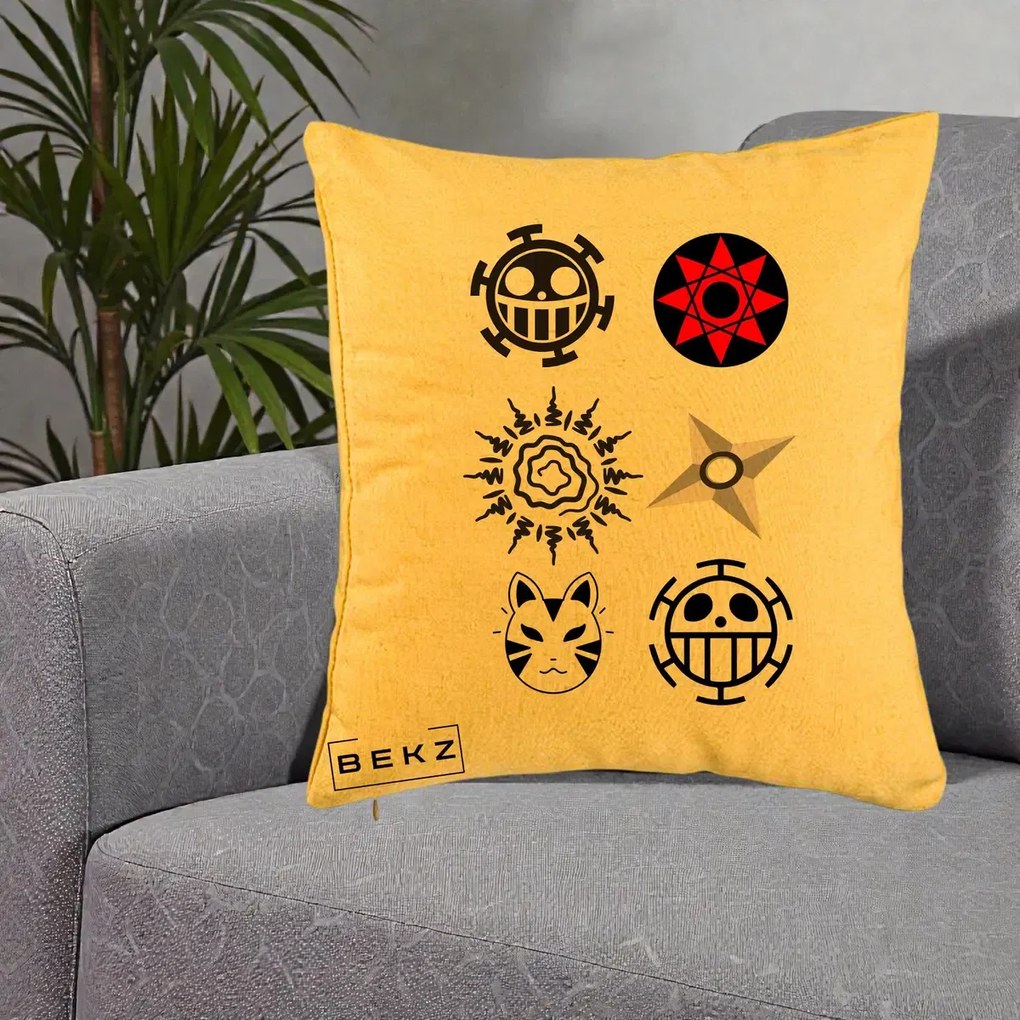 Perna Personalizata Simboluri Anime Mix - Naruto One Piece, 40x40 cm, Galben, Husa Detasabila, Perna Inclusa, BEKZ®