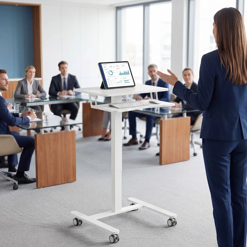 HOMCOM Birou stand reglabil pe înălțime, birou sit-stand mobil cu suport pentru tastatură, roți și cadru din oțel, Alb | Aosom Romania