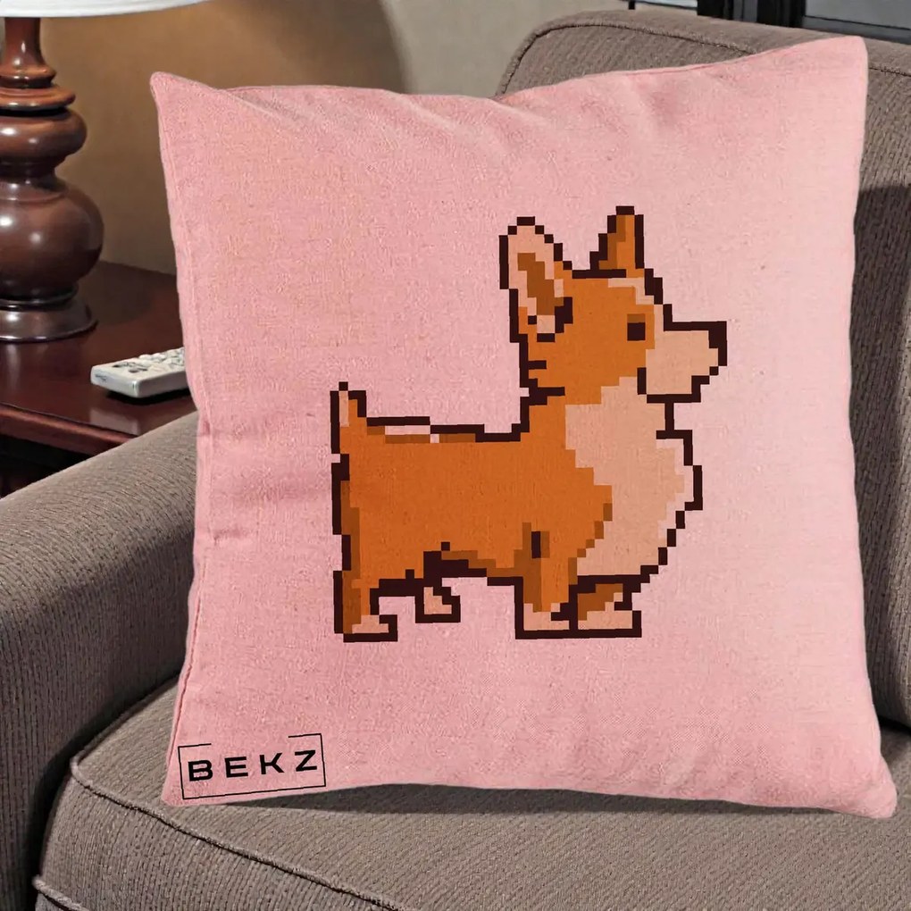 Perna Personalizata Corgi Pixel Art, 40x40 cm, Roz, Husa Detasabila, Perna Inclusa, BEKZ®