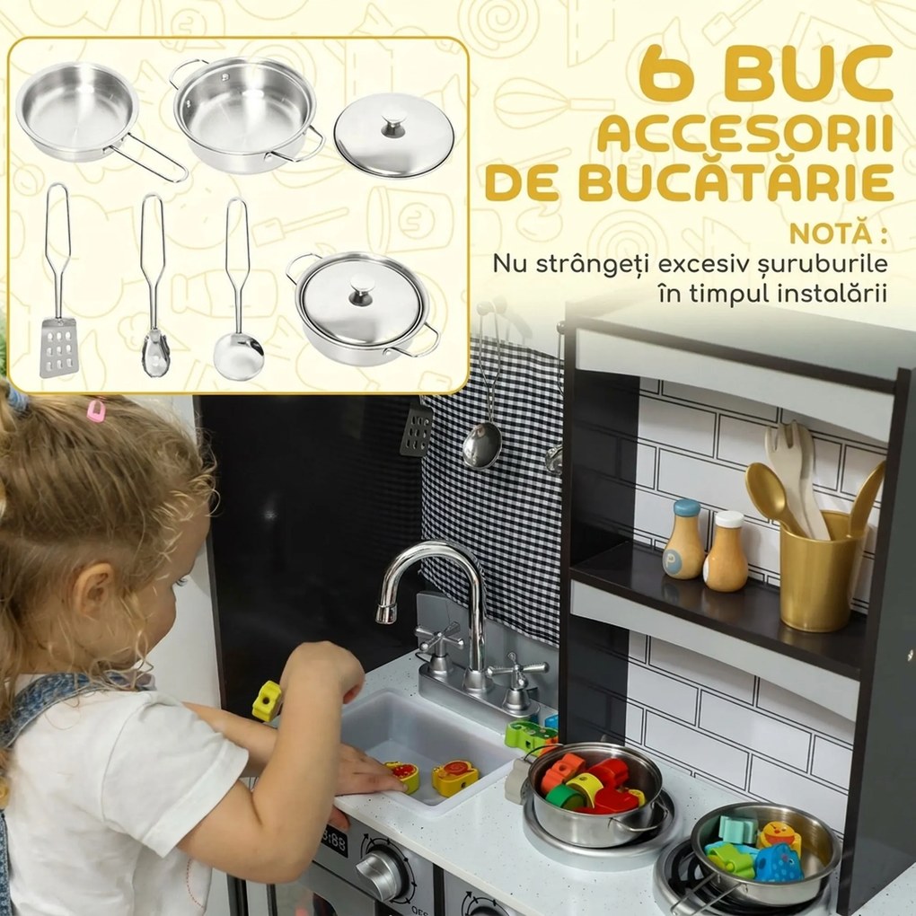 AIYAPLAY Bucătărie de Jucărie pentru Copii 3-8 Ani din Lemn cu Accesorii, Frigider, Chiuvetă și Buton cu Sunete, Maro | Aosom Romania