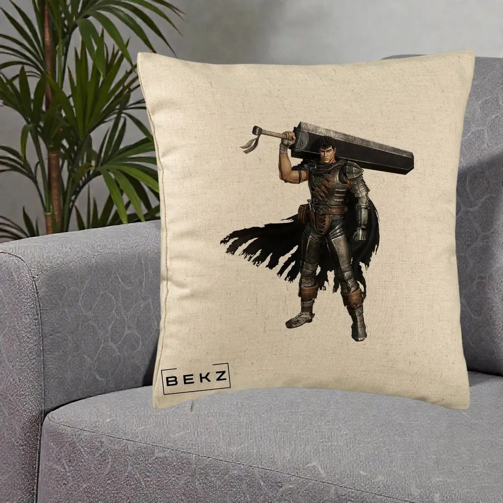 Perna Personalizata Berserk Guts Luptatorul Negru, 40x40 cm, Bej, Husa Detasabila, Perna Inclusa, BEKZ®