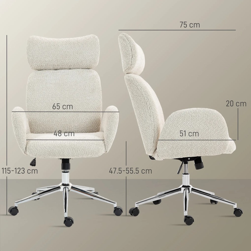 HOMCOM Scaun de Birou Rotativ din Bouclé cu Tetieră. Înălțime Reglabilă, Funcție Balansare, Gri Deschis-Alb | Aosom Romania