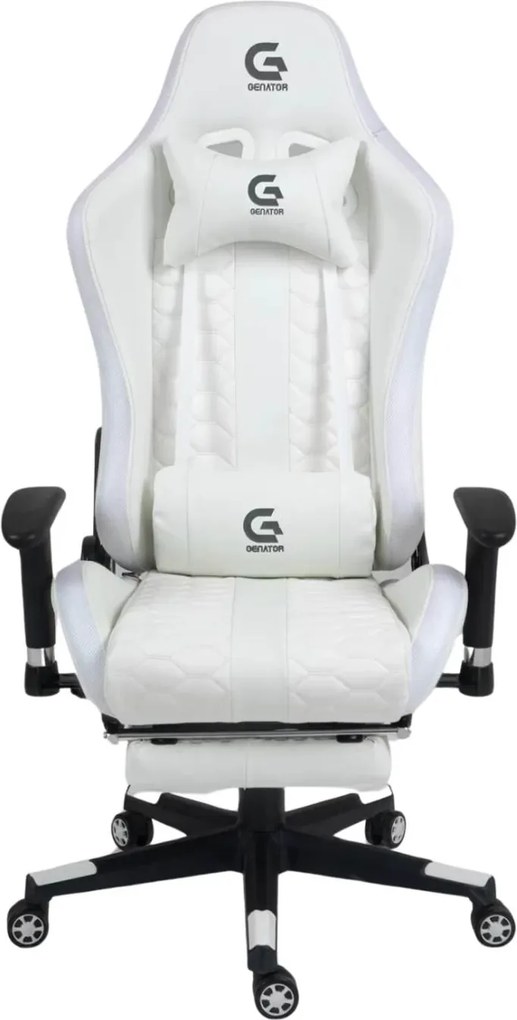 RESIGILAT- Scaun gaming, masaj în perna lombară, suport picioare, funcție șezlong, 90-180 grade, piele ecologica, Alb