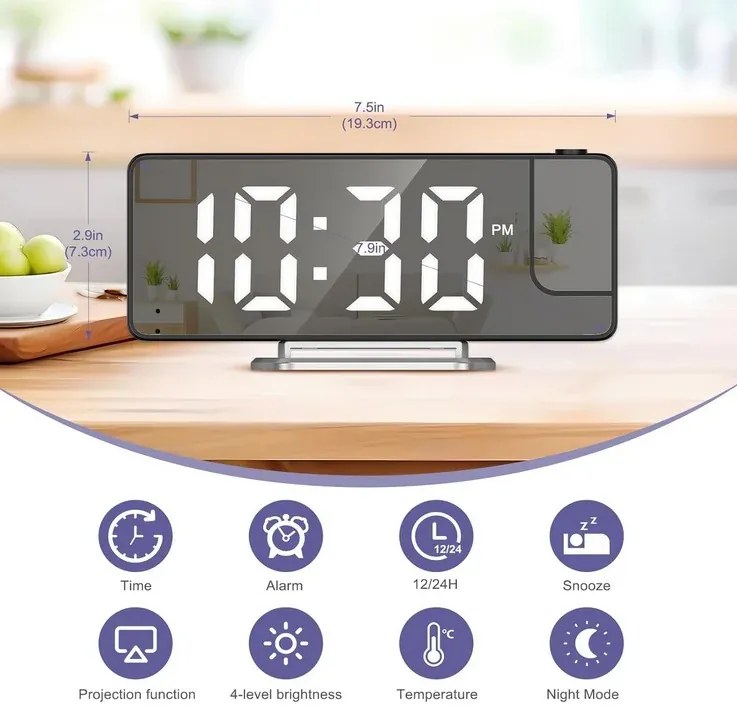 Ceas digital cu alarmă, cu proiecție DZ-673 și ecran LED de 7,9”