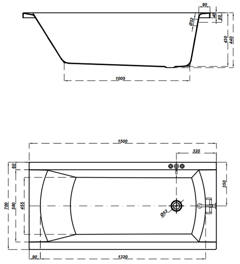 Cada baie incastrata Cersanit Korat, 150 x 70 cm, dreptunghiulara, alb lucios 1500x700 mm